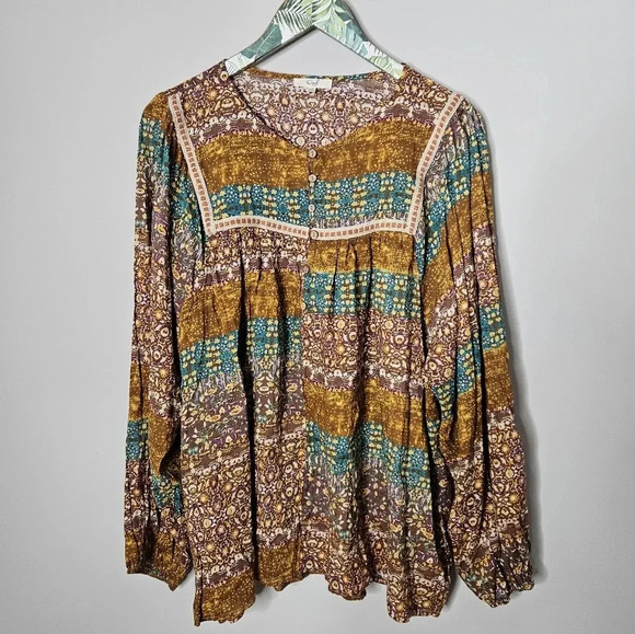 New! Easel Boho Printed Cotton Voile Top 1X - Picture 5 of 15